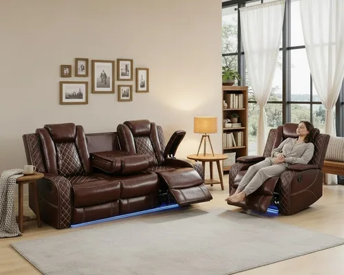 Miniatura 20 de Juego de sofá reclinable eléctrico con LED, juego de sofá de cuero transpirable para sala de estar, juego de sofá reclinable con puerto USB, Negro