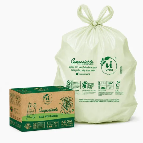 Bolsas de camiseta compostables UNNI con asas de atado, 9.84 litros / 2.6 galones, 50 unidades, forros para cajones de cocina pequeños de 0.68 mil,