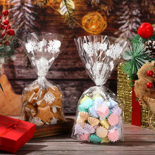 Miniatura 5 de Outus 100 piezas de bolsas de regalo de Navidad, bolsas de celofán con copos de nieve y Santa Claus, recipientes planos de plástico de celofán