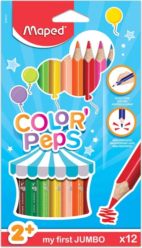 Maped Color'Peps - Lápices triangulares de colores gigantes, colores surtidos, paquete de 12, perfectos para estudiantes tempranos, aumenta la