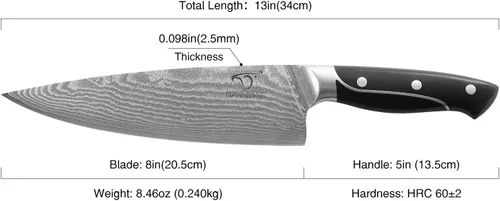 Miniatura 4 de NANFANG BROTHERS Cuchillo de chef de 8 pulgadas, 67 capas VG10 de acero de damasco, mango ergonómico de triple remache ABS antideslizante
