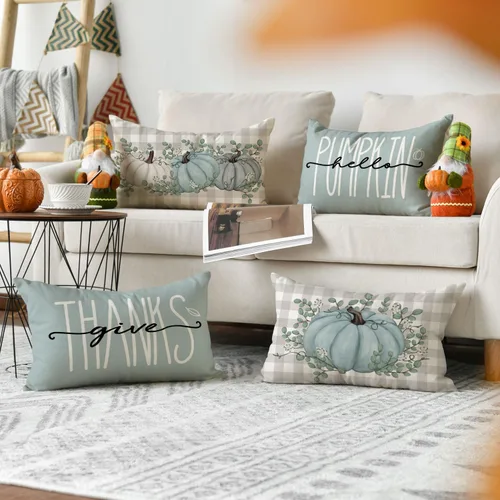 Miniatura 5 de AVOIN colorlife Hello Pumpkin Give Thank - Juego de 4 fundas de almohada de 12 x 20 pulgadas, otoño, Acción de Gracias, hojas de eucalipto