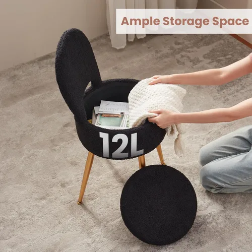 Miniatura 4 de Taburete silla de tocador pequeño con almacenamiento y respaldo plegable, 4 patas de metal con pies antideslizantes, otomana redonda con asiento