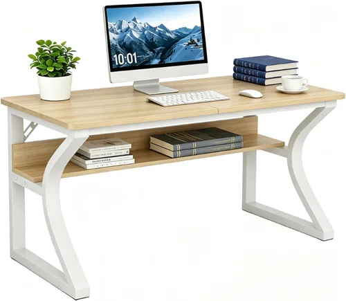 Miniatura 10 de Escritorio para computadora de 47 pulgadas, escritorio de oficina en casa con estante de almacenamiento, mesa de estudio resistente con marco