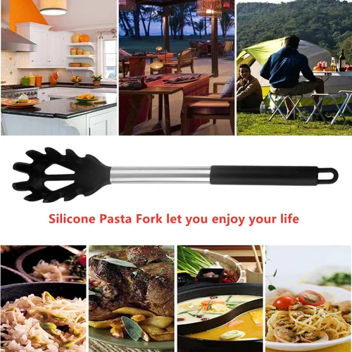 Miniatura 7 de Tenedor de silicona para pasta, cuchara de espagueti, para cocina, resistente al calor, cuchara de pasta de grado alimenticio con mango de acero