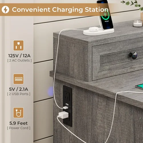 Miniatura 6 de BTHFST Escritorio ejecutivo estilo granja con cajón para archivos, escritorio para computadora con estación de carga y luces LED, escritorio de Gris