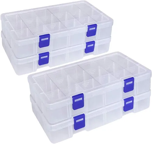 Qualsen Paquete de 4 cajas organizadoras de plástico de 18 rejillas con divisores ajustables, caja organizadora de cuentas para joyas, cuentas,
