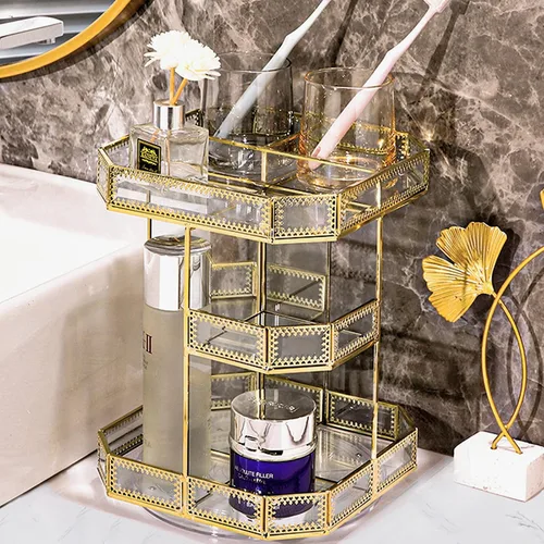Miniatura 8 de ZOOFOX Organizador de maquillaje de vidrio giratorio de 360 grados, soporte grande de almacenamiento de cosméticos con ribete dorado para tocador