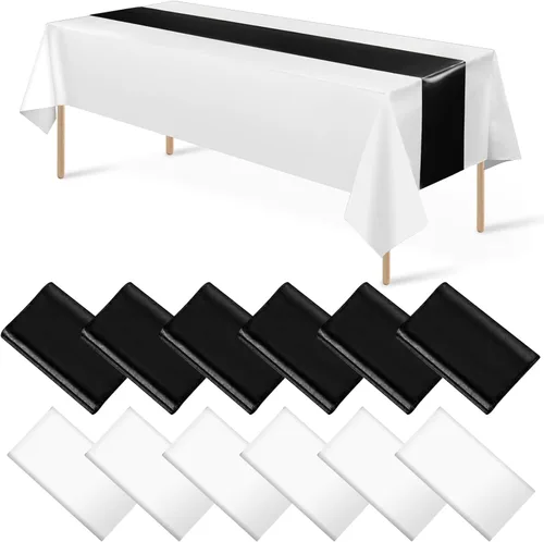 Miniatura 15 de Juego de 12 manteles de satén de 12 x 108 pulgadas y manteles de plástico de 54 x 108 pulgadas, manteles rectangulares desechables en negro y azul