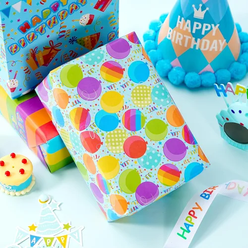 Miniatura 4 de PlandRichW Papel de regalo de cumpleaños, 4 divertidos diseños de fiesta, globos, arcoíris, cupcakes, confeti, plegado de 20 x 29 pulgadas, 12