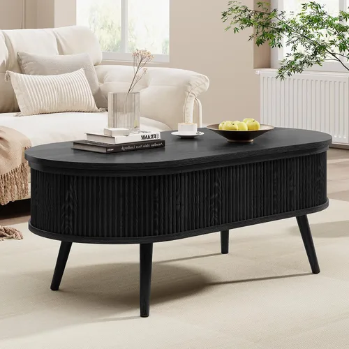 Miniatura 6 de Mesa auxiliar ovalada con almacenamiento, moderna mesa de centro acanalada con parte superior elevadora, mesas de centro pequeñas con Negro