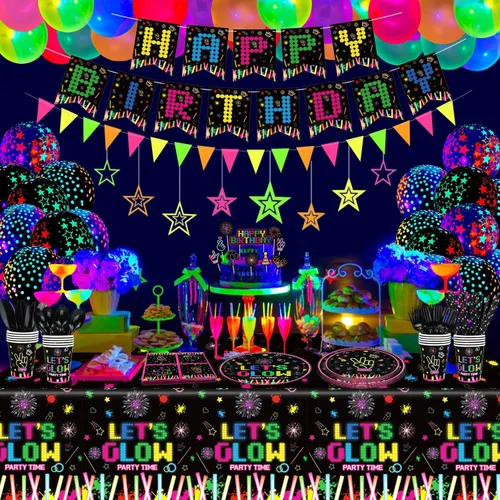 Miniatura 4 de 238 piezas de suministros de fiesta de neón que brillan en la oscuridad, decoraciones de fiesta de luz negra, juego de vajilla para fiesta, platos