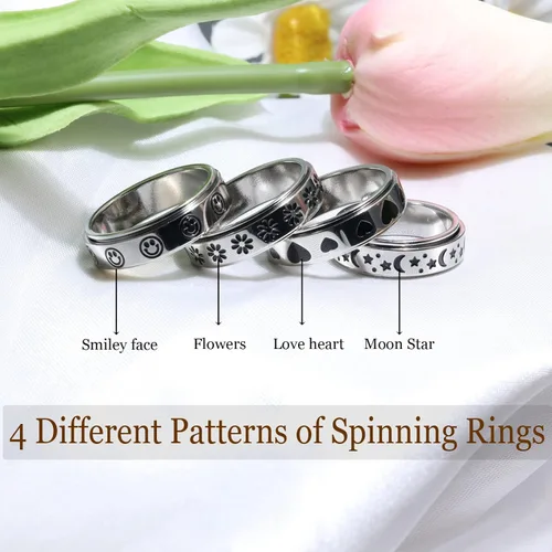 Miniatura 4 de Anillo de ansiedad para mujer, anillos giratorios: anillos giratorios de acero inoxidable de 0.236 pulgadas (0.236 in) con luna y estrella