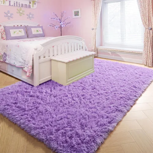Miniatura 3 de Alfombras moradas para dormitorio de niñas, alfombra de 5 x 8 pies, alfombra peluda esponjosa para sala de estar, alfombras peludas gruesas