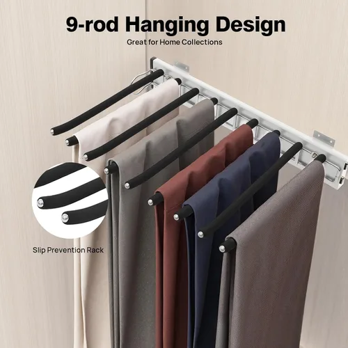 Miniatura 4 de Perchero extraíble para pantalones con 9 brazos, barra de acero inoxidable extensible para ropa, toalla, bufanda, corbata, 18.11 x 12.83 pulgadas