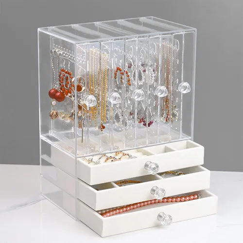 Miniatura 7 de Jenseits Acrylic Jewelry Holder, Clear Earring Organizer with 3 Drawers, Velvet Hanging Jewelry Stand Storage for Necklace Earrings Ring Bracelet