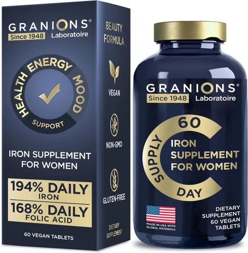 Granions Suplementos veganos de hierro para mujeres – Suplemento diario de hierro para mujeres 194% para el embarazo y la anemia Vitaminas