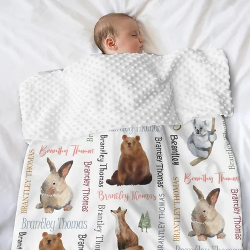 Miniatura 2 de Manta de bebé personalizada con nombre, manta de felpa de doble capa con respaldo punteado, manta de bebé niño recién nacido, suave animales