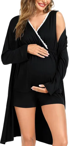 Miniatura 5 de SWOMOG Conjunto de pijama de maternidad para mujer con bata de 3 piezas, ropa de dormir sin mangas y pantalones cortos para embarazo