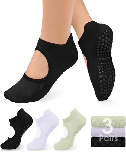 Miniatura 10 de Diu Life Paquete de 3 Calcetines de Pilates Yoga con Agarres para Mujeres, Antideslizantes, Entrenamiento, Pure Barre, Ballet, Danza, Calcetines