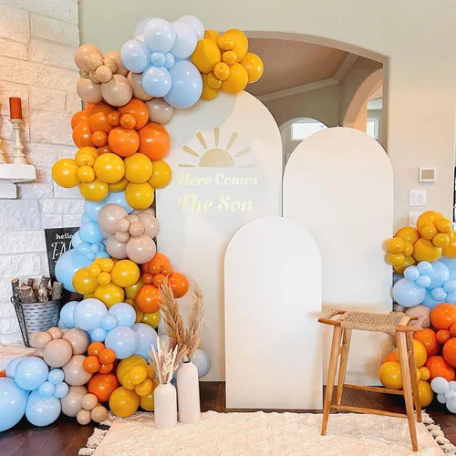 Miniatura 7 de Here Comes the Son - Kit de Guirnalda de Arco de Globos 147 Piezas Globos Boho Retro Azul Polvoriento Naranja Quemado Amarillo Mostaza para Baby
