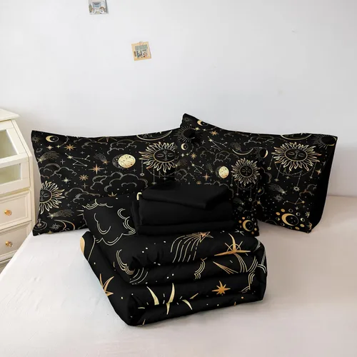 Miniatura 5 de Bedding_Dreamer Black and Gold Queen Bed in a Bag Sun and Moon Bedding Set Mysterious Space Home Decor Galaxy Down Comforter Black Sheet Sets 8 Pcs