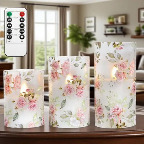 Velas sin llama con tema de amor en forma de rosa, operadas por batería, de vidrio, parpadean, LED, con control remoto, con calcomanía de flores