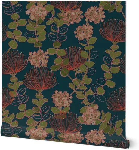 Muestro de papel tapiz extraíble, diseño botánico oscuro hawaiano, flores florales hawaianas, color rojo, verde azulado, tropical mojado, papel