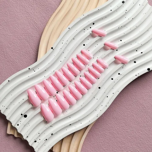 Miniatura 4 de Uñas postizas de presión con forma de almendra rosa de longitud media estilo stiletto, uñas artificiales de gel suave reutilizables acrílicas
