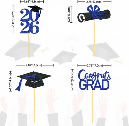 Miniatura 3 de 24 adornos de graduación para cupcakes, decoraciones de graduación negras y azules para la clase de 2026 (negro y azul)