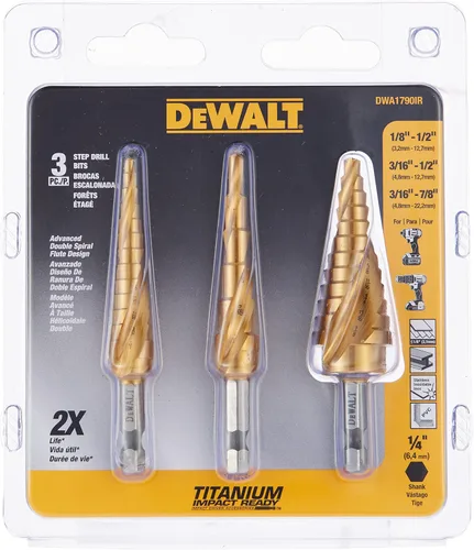 DEWALT Juego de brocas escalonadas: 3 piezas, revestimiento de nitruro de titanio, 31 tamaños de agujeros, 1/8 a 7/8 pulgadas, tamaño hexagonal de
