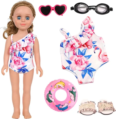 Miniatura 11 de MSYO Conjunto de traje de baño de playa de muñeca de 18 pulgadas, traje de baño patriótico de estrellas y rayas con lentes de sol, gafas