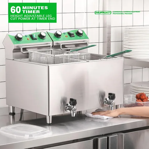 Miniatura 3 de NUPANT Freidora comercial de 25.3 cuartos de galón / 24 litros con filtración de aceite y temporizador, freidora eléctrica con 2 cestas y tapas