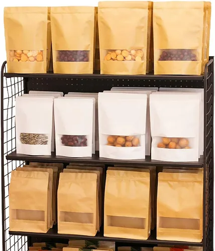 Miniatura 7 de Bolsas de papel marrón resellables con ventana, 50 unidades de 5.5 x 7.8 pulgadas con cierre de cremallera, bolsas sellables de caramelo Kraft