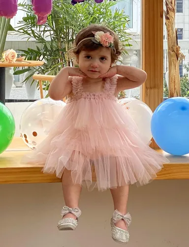 Miniatura 3 de Tutu Dreams Vestido tutú de 3 capas con volantes de tul para niñas pequeñas con diadema de flores Rosado