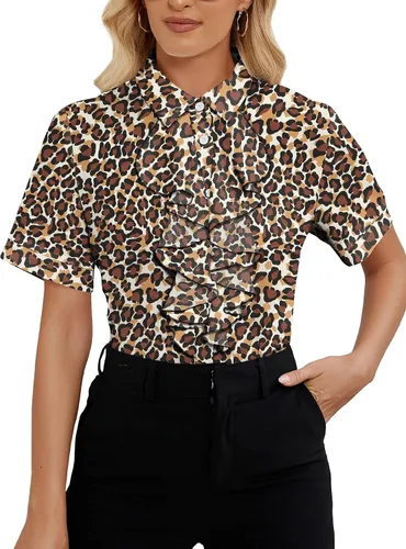Miniatura 23 de Vrtige Women's Ruffle Front Collar Neck Button Down Short Sleeve Blouse Shirt Top