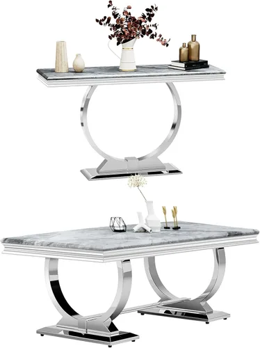 Miniatura 13 de ACEDÉCOR Moderno juego de mesa de centro de 4 piezas, dorado, mesa de mármol sintético, incluye mesa auxiliar, 2 mesas auxiliares, mesa consola, Oro