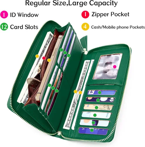 Miniatura 3 de Badiya Cartera para mujer con bloqueo RFID, soporte para tarjetas de crédito, de gran capacidad, con cierre de cuero, con cremallera alrededor