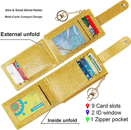 Miniatura 22 de Tarjetero delgado con bloqueo RFID, billetera de bolsillo pequeño, con cremallera Keychian para monedero, monedero y tarjetero para mujeres y hombres