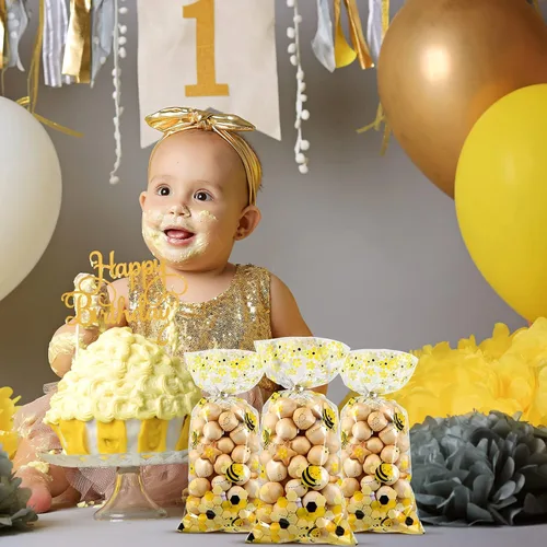 Miniatura 6 de Outus 100 bolsas de regalo de celofán para fiestas de abeja, bolsas de regalo de plástico con 100 lazos giratorios plateados para niños, cumpleaños