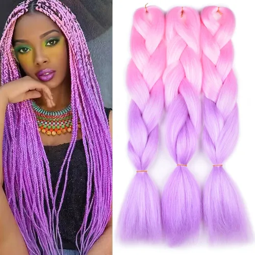 Miniatura 10 de Cabello trenzado ombré (rosa/rosa claro), 3 extensiones de cabello trenzado jumbo para trenzas de caja de 24 pulgadas, sello de agua caliente, suave