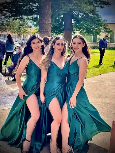 Miniatura 6 de Dymaisei Vestidos de fiesta de satén brillante, tirantes delgados, vestidos de dama de honor, cuello en V, vestido de fiesta formal con abertura