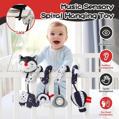 Miniatura 2 de Jollybaby Cochecito de cuna, juguete de asiento de automóvil para bebé de 0-3-6-9-12 meses, juguetes sensoriales colgantes para recién nacido