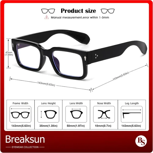 Miniatura 7 de Breaksun Lentes rectangulares para hombres y mujeres, anteojos cuadrados de luz azul, montura gruesa, lentes negros