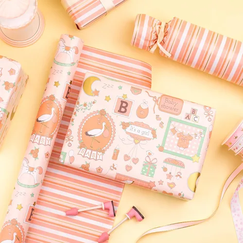 Miniatura 6 de WRAPAHOLIC - Papel de regalo reversible para bebé niña, mini rollo - 17 pulgadas x 33 pies - Diseño de bebé niña y rayas para baby shower, Bebita