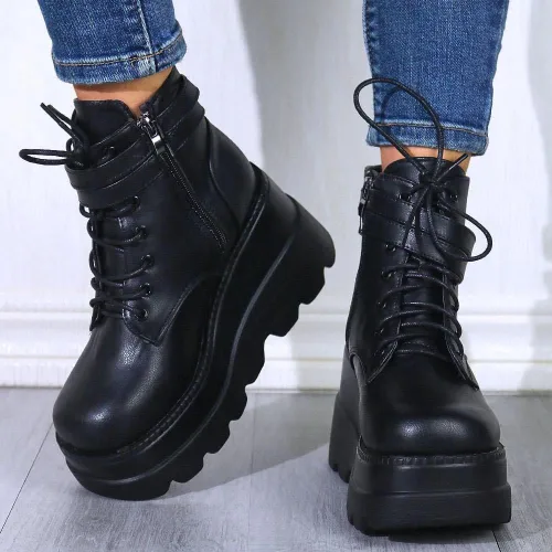 Miniatura 3 de UOQAPRE Botas de combate de tacón alto para mujer, con puntera cuadrada, con cordones, botines de plataforma gruesa con plataforma gruesa