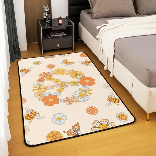 Miniatura 4 de jejeloiu Hippie Peace Art Living Room Rugs Retro Hippie Flower Area Rug for Kids Boys Teens Butterfly Bee Peace Sign Artwork 60S 70S Groovy Floral