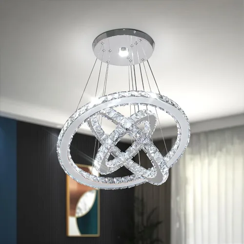 Miniatura 8 de CLAIRDAI Candelabros de Cristal de 3 Anillos Lámpara de Techo LED Candelabro para Techo Alto Candelabros Colgantes para Dormitorio Comedor Sala