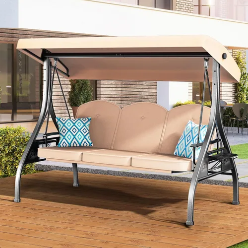 Miniatura 14 de ZZW Columpio de patio para porche al aire libre de 3 asientos con soporte de 800 libras, cama columpio convertible 2 en 1 con toldo ajustable