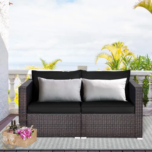 Miniatura 2 de Tangkula Sofá biplaza de mimbre de 2 piezas, muebles de patio con cojines extraíbles, sofá biplaza de ratán para balcón, terraza, jardín y piscina